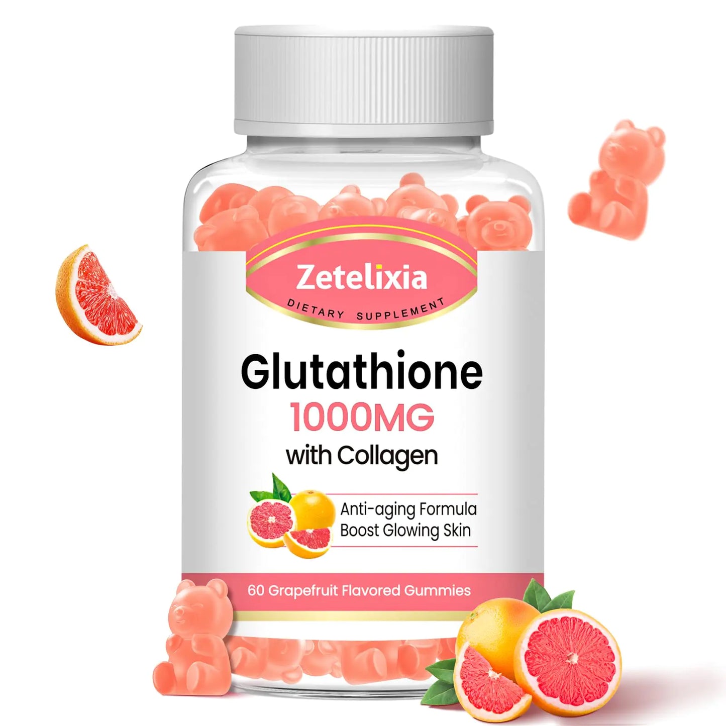 Zetelixia Glutathione Collagen Gummies Collagen Gummies with Vitamin C Glutathione Supplement for Women Hair Skin Nails Muscle & Joint Anti-Aging Vegan Sugar Free Grape Fruit Flavor 60 Count